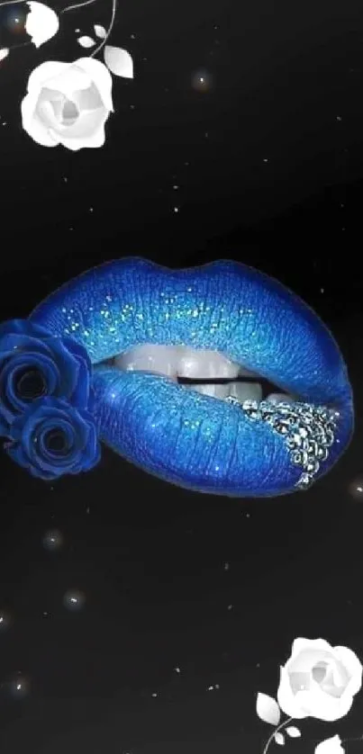 Bold blue lips with roses on a black floral background wallpaper.