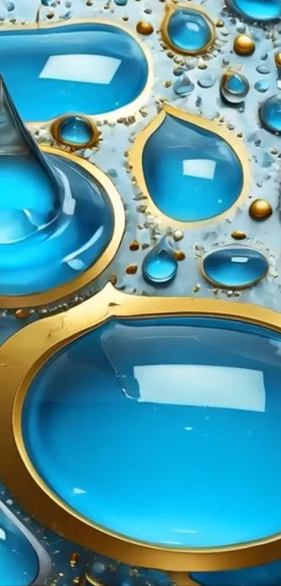 Abstract blue liquid art wallpaper with gold accents.