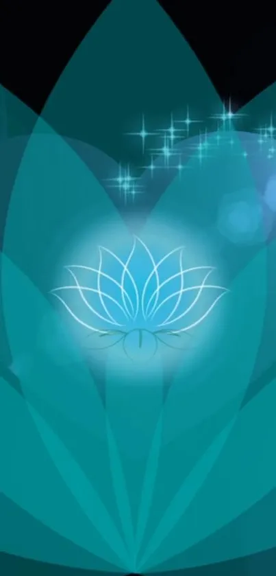 Abstract teal lotus with sparkling stars on a vibrant blue background.