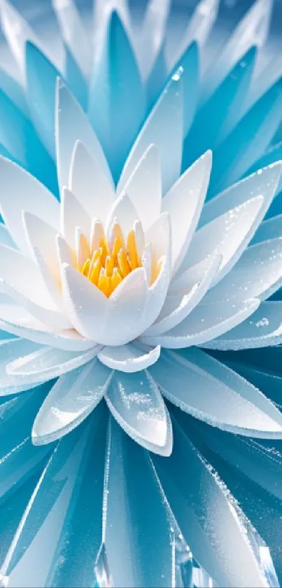 Blue lotus flower with white petals and yellow center on a mobile wallpaper.