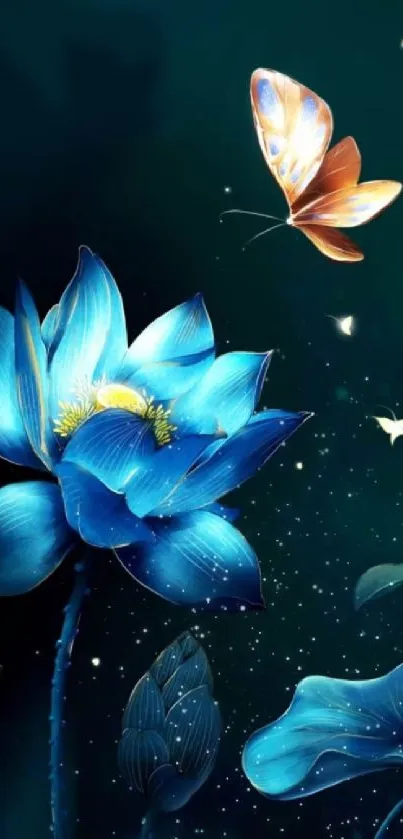 Blue lotus flower and butterfly wallpaper with a serene and ethereal theme.