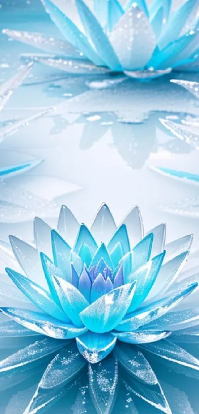 Blue lotus flowers with ice crystal effect on sky blue background.