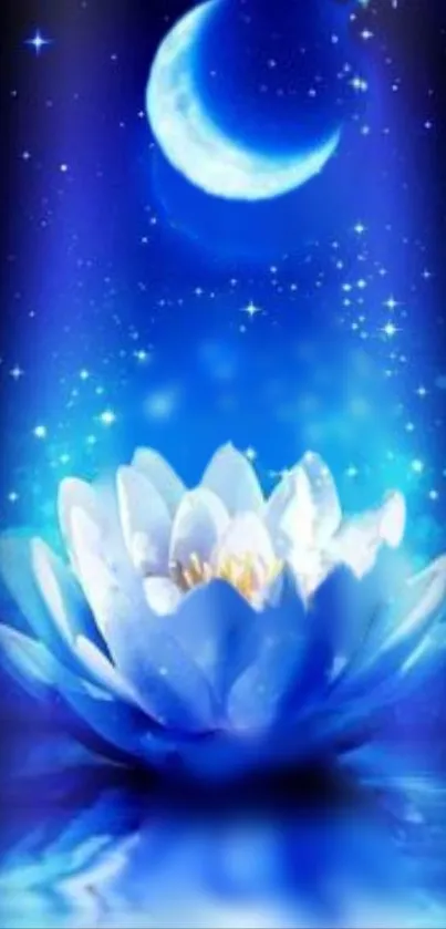 A glowing blue lotus under a crescent moon and starry night sky.