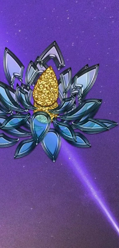 Blue lotus design on a vibrant purple cosmic background, reflecting elegance.