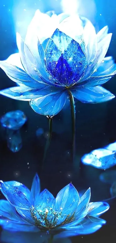 Elegant blue lotus with crystal petals on a dark background, mystical and serene.