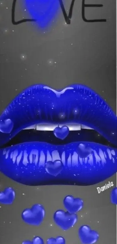 Mobile wallpaper with blue lips and love hearts.