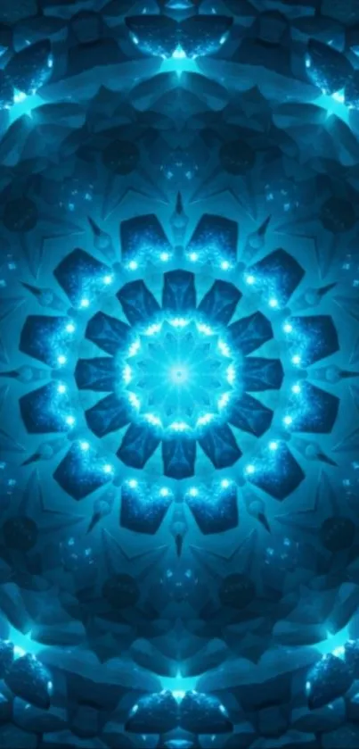 Radiant blue mandala wallpaper with abstract geometric design.