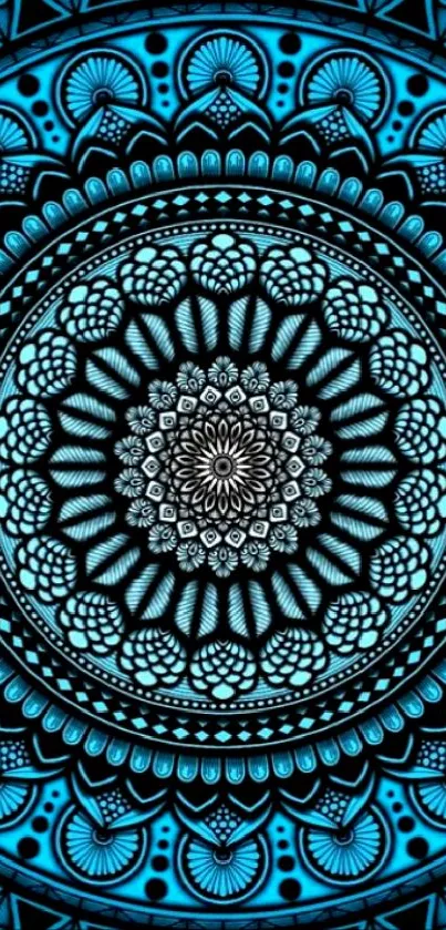 Intricate blue mandala pattern wallpaper design for mobile devices.