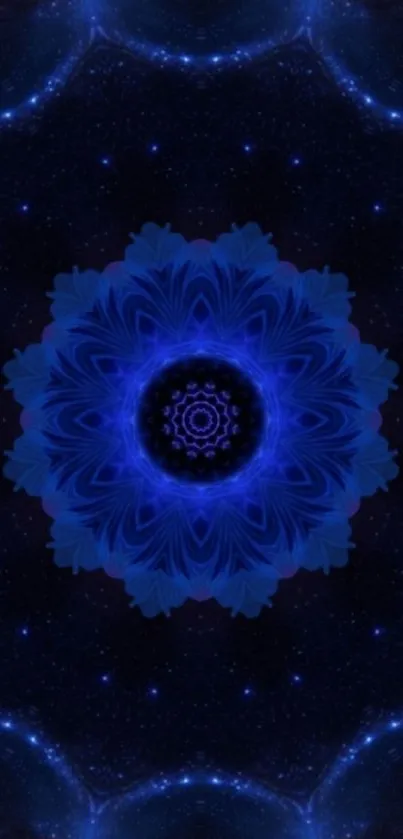 A vibrant blue mandala set against a galaxy backdrop, creating a cosmic visual effect.