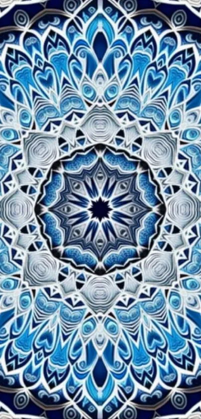 Intricate blue mandala wallpaper design with geometric patterns.