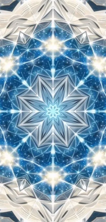 Intricate blue mandala starburst with cosmic geometric patterns for phone wallpaper.