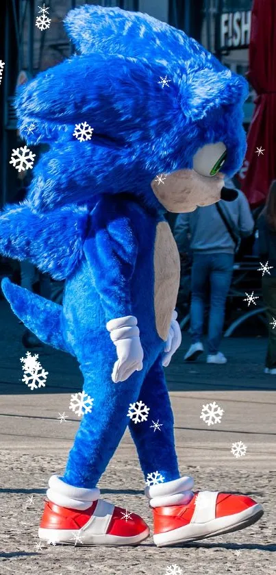 Blue mascot walks through a busy urban street scene.