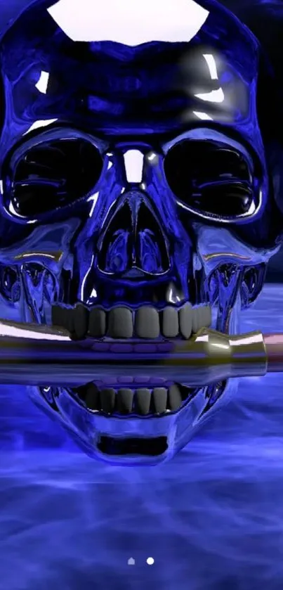 Metallic blue skull holding a bullet, set against a dark background.