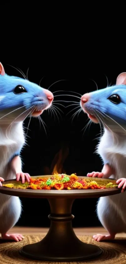 Cute blue mice enjoying a meal on a stylish table.