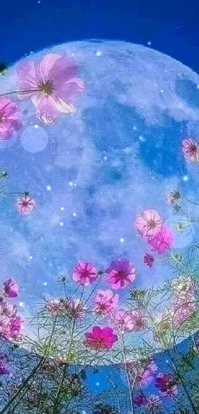 Blue moon with pink flowers in night sky.