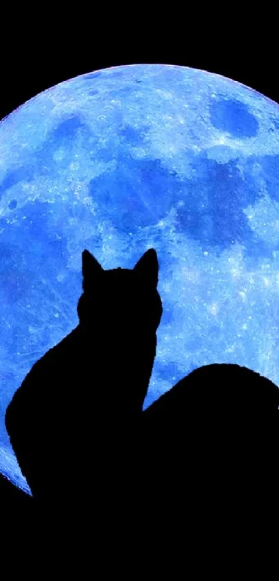 Silhouette of a cat against a vibrant blue moon.