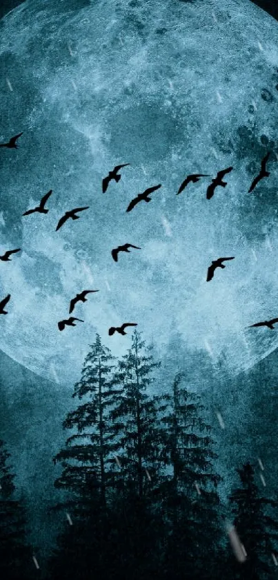 Blue moon illuminating a forest with flying birds.