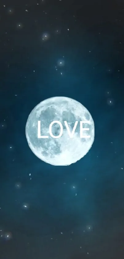 Full moon and 'Love' text on starry blue sky wallpaper