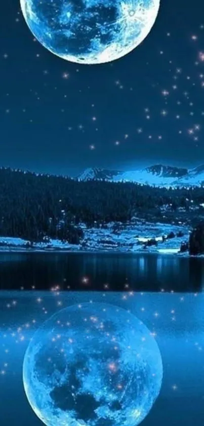 Blue moonlit night sky with sparkling stars over a calm lake.