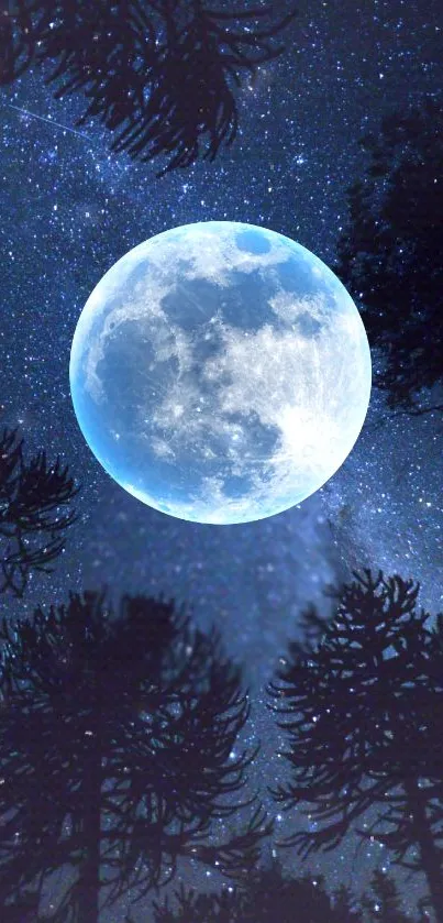 Blue moon shining in a starry night sky over silhouetted trees.