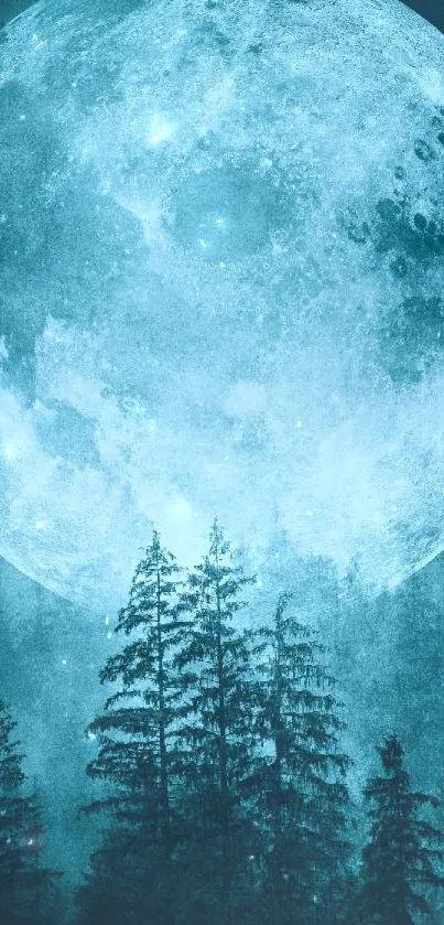 Serene blue night wallpaper with a full moon and forest silhouette.