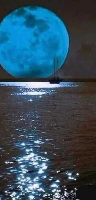 Blue moon illuminates the calm ocean.