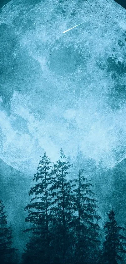 Luminous blue moon with silhouetted trees on a dark sky background.