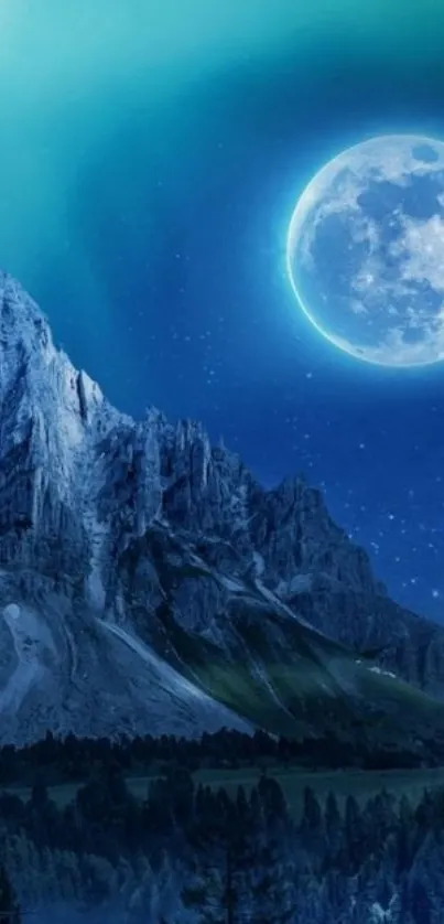 Blue moonlit mountains with a starry sky.