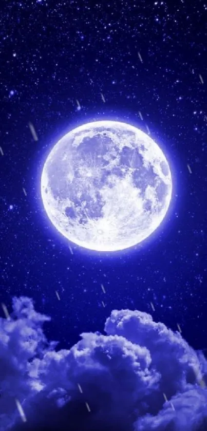 Luminous full moon with stars and clouds in deep blue night sky.