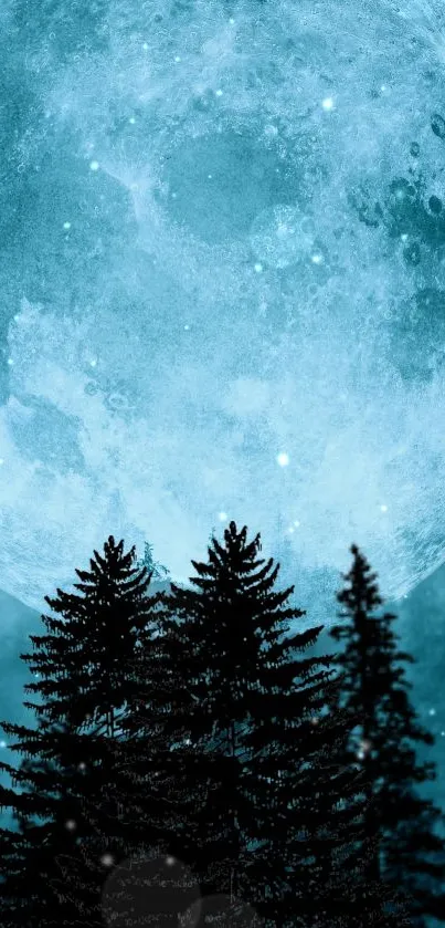 Blue moonlit night with forest silhouette and starry sky.