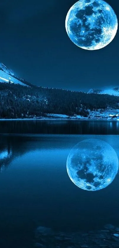 Blue moonlit lake with reflection at night, creating a serene and tranquil scene.