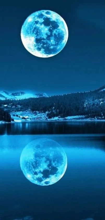 Blue moon reflecting on a tranquil lake under a night sky.