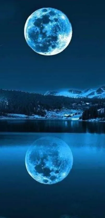 Blue moon and lake reflection at night.