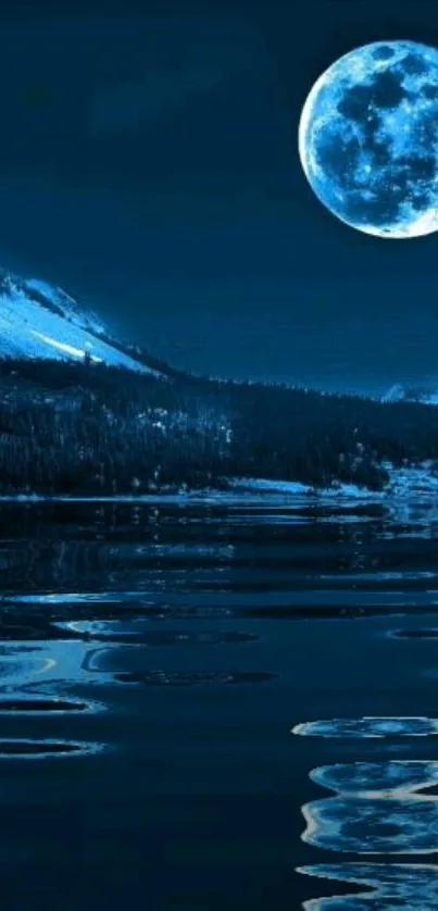 Blue moonlit landscape with water reflection and mountains in serene nighttime setting.