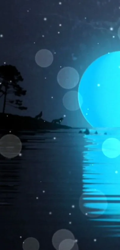 Mystical moonlit night wallpaper with bright blue hues and tranquil water reflection.