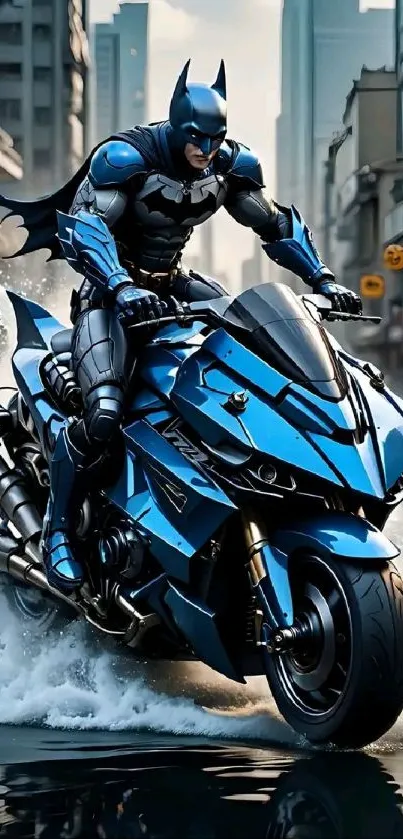 Hero in blue armor rides futuristic motorcycle through city streets.