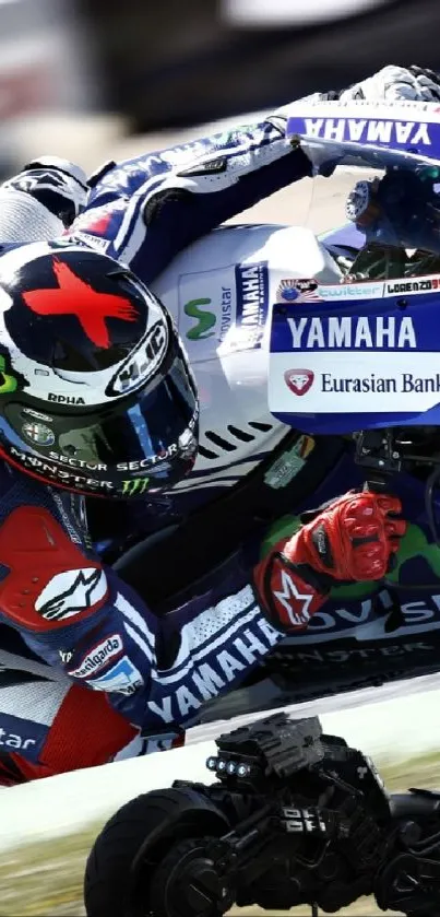 Motorcycle racing wallpaper with blue bike.