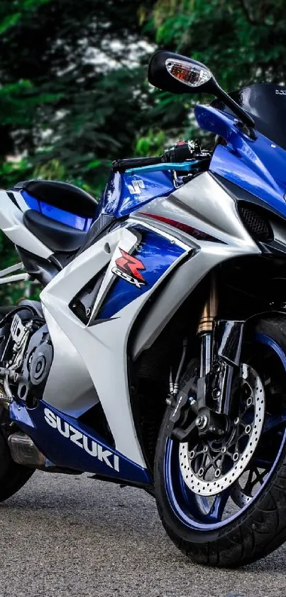 Sleek blue motorcycle on a road background.