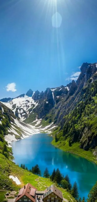 Scenic view of a mountain lake with blue sky and sunlight.