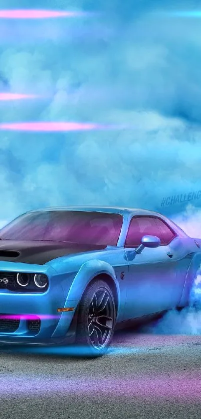 Mobile wallpaper featuring a blue muscle car in drift with vibrant smoke.