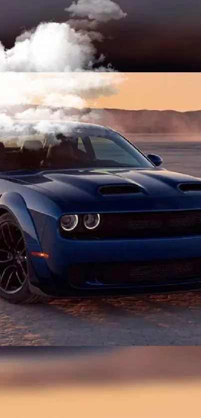 Dynamic blue muscle car in desert with dramatic skies.