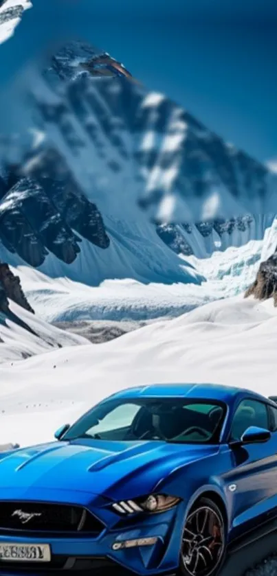 Blue Mustang driving through snowy mountain scenery.