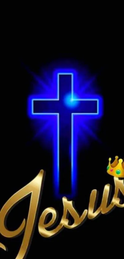 Mobile wallpaper featuring a blue neon cross with gold Jesus text.