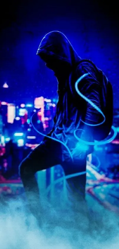 Hooded figure in blue neon cityscape wallpaper.