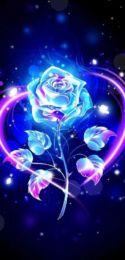 Blue neon rose with glowing effects on a dark background.