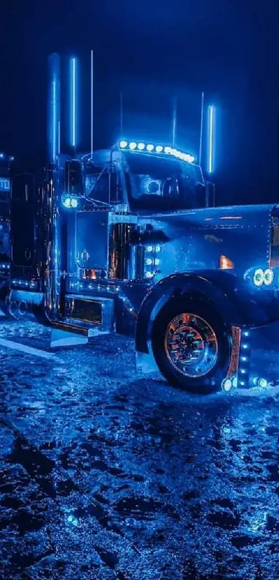 Blue neon truck glowing at night under dark sky.