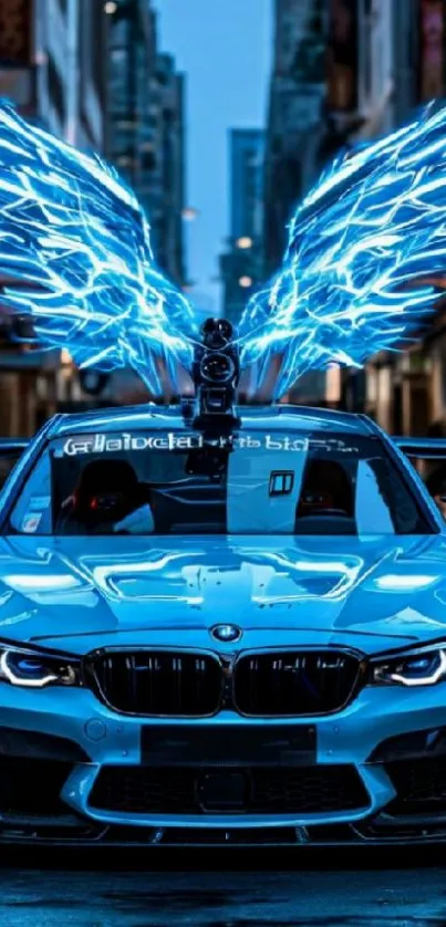 Futuristic blue car with neon wings in urban street.