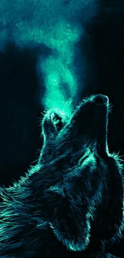 Blue neon wolf howling in fantasy art.