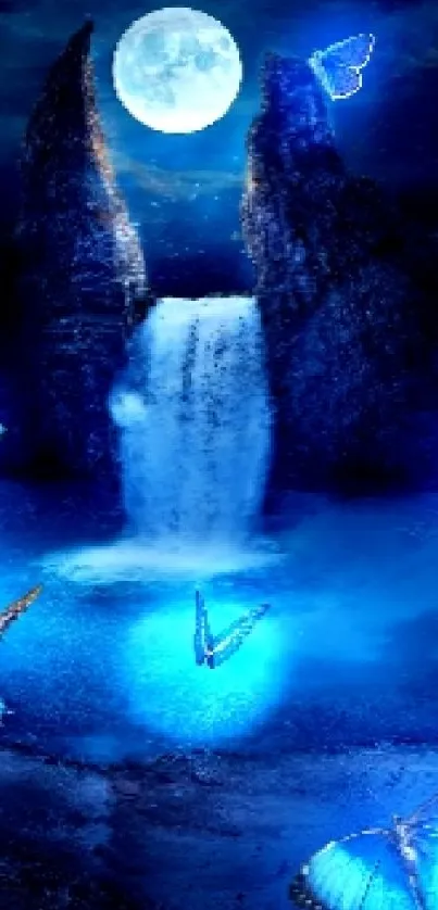 Blue butterflies under moonlight by a waterfall at night.