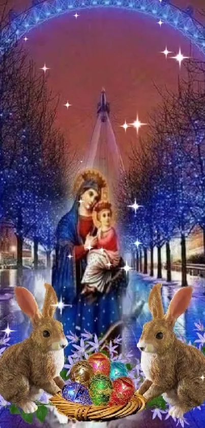 Holy scene with blue lights and Easter symbols on mobile wallpaper.